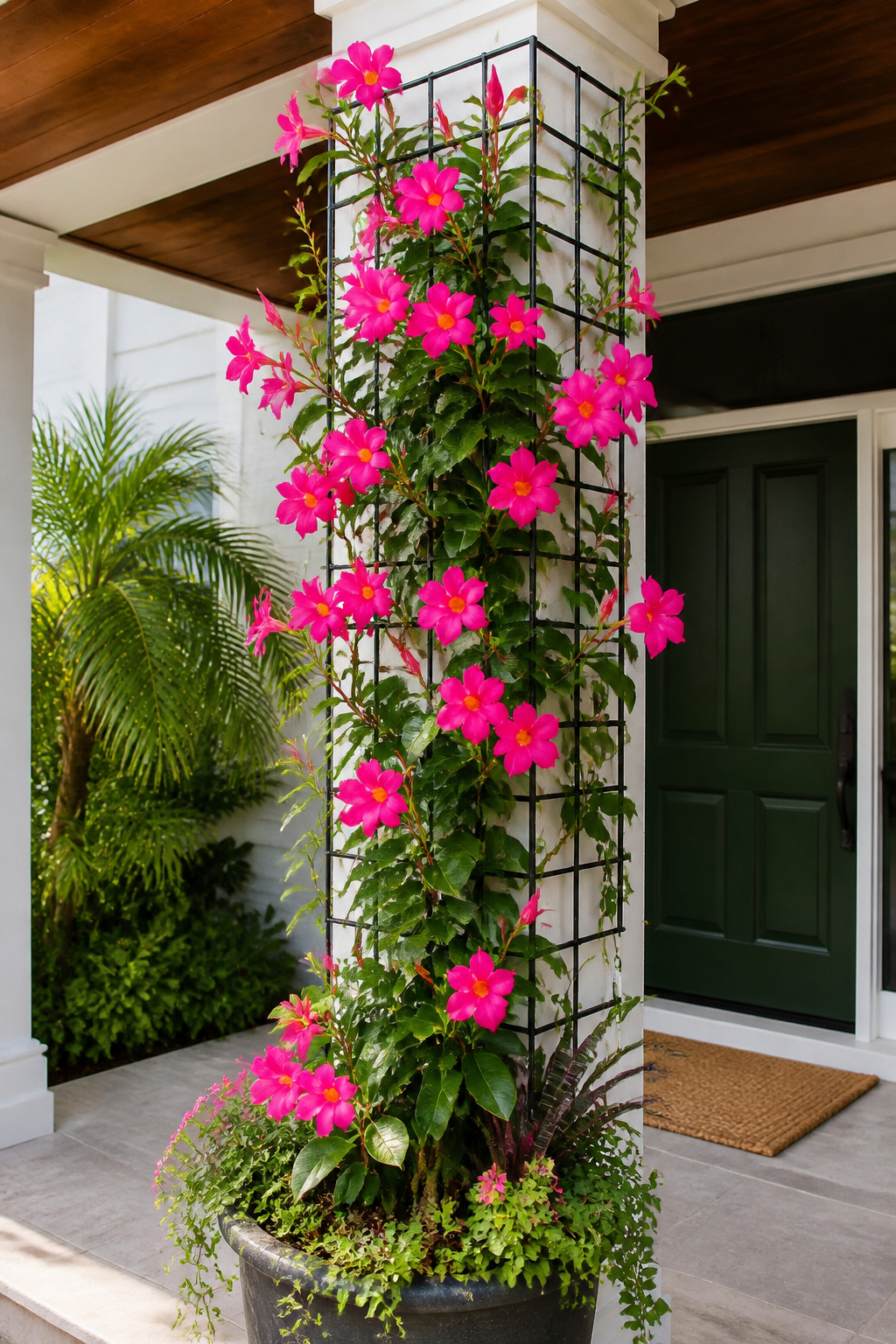 A mandevilla on a column-mounted black wire trellis delivers tropical-scale impact from a single large container — no ground planting required.