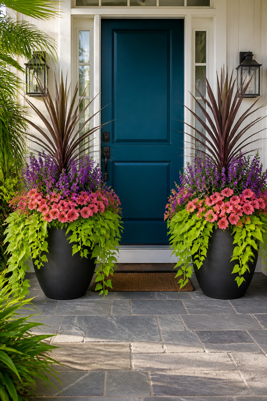 The thriller-filler-spiller formula in dark containers against a teal door creates dramatic vertical interest that reads clearly from the street.