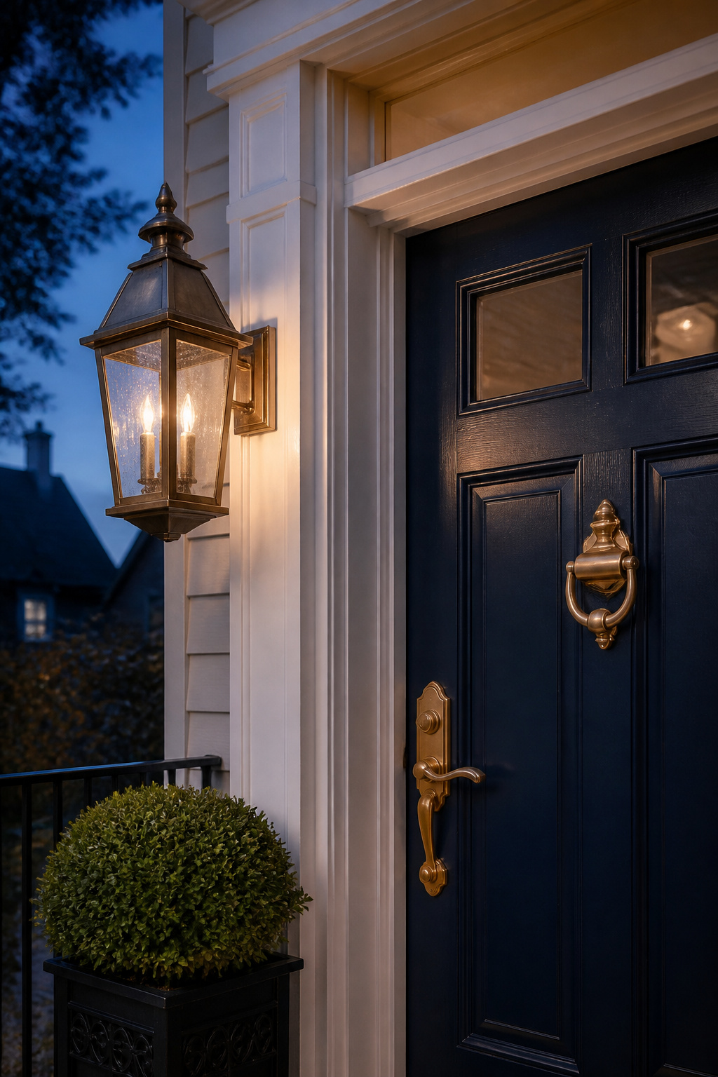 An oversized aged brass lantern at the one-third-door-height rule creates instant architectural authority — and at night, that warm amber glow reads from across the street.