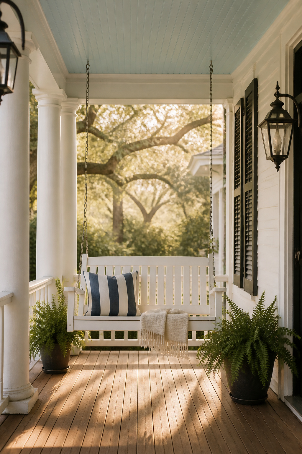 A white slatted swing with crisp navy cushions and a folded throw becomes the porch's emotional center — the place everyone gravitates toward.