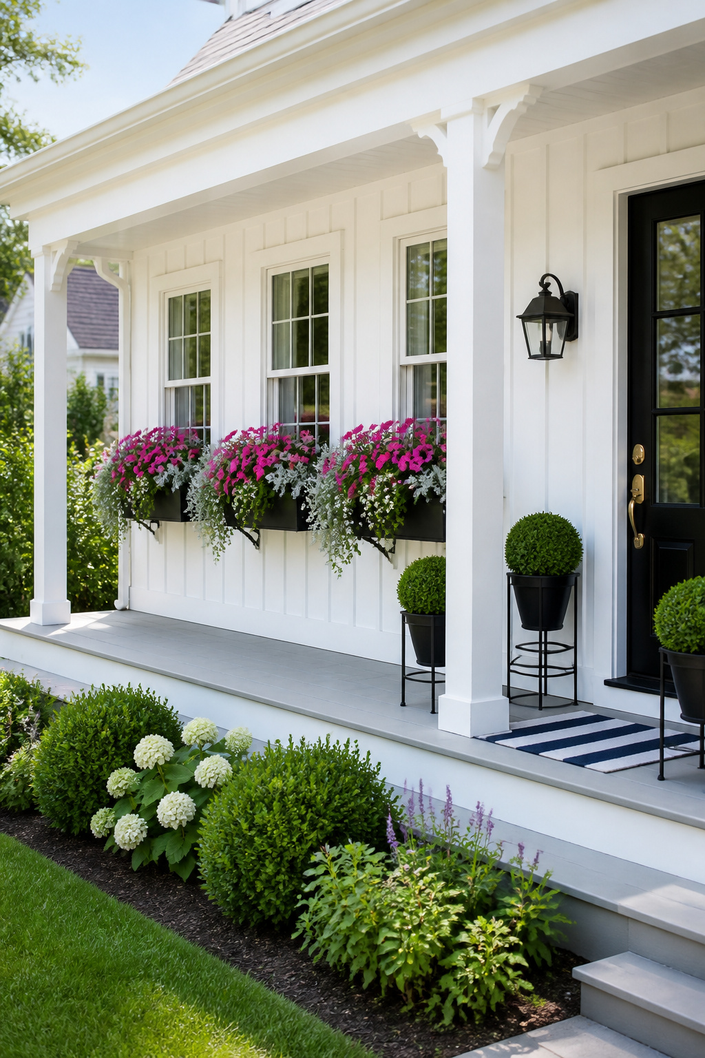 Matching black window boxes planted with a hot pink petunia mix add both architectural definition and natural softness to a classic white farmhouse facade.