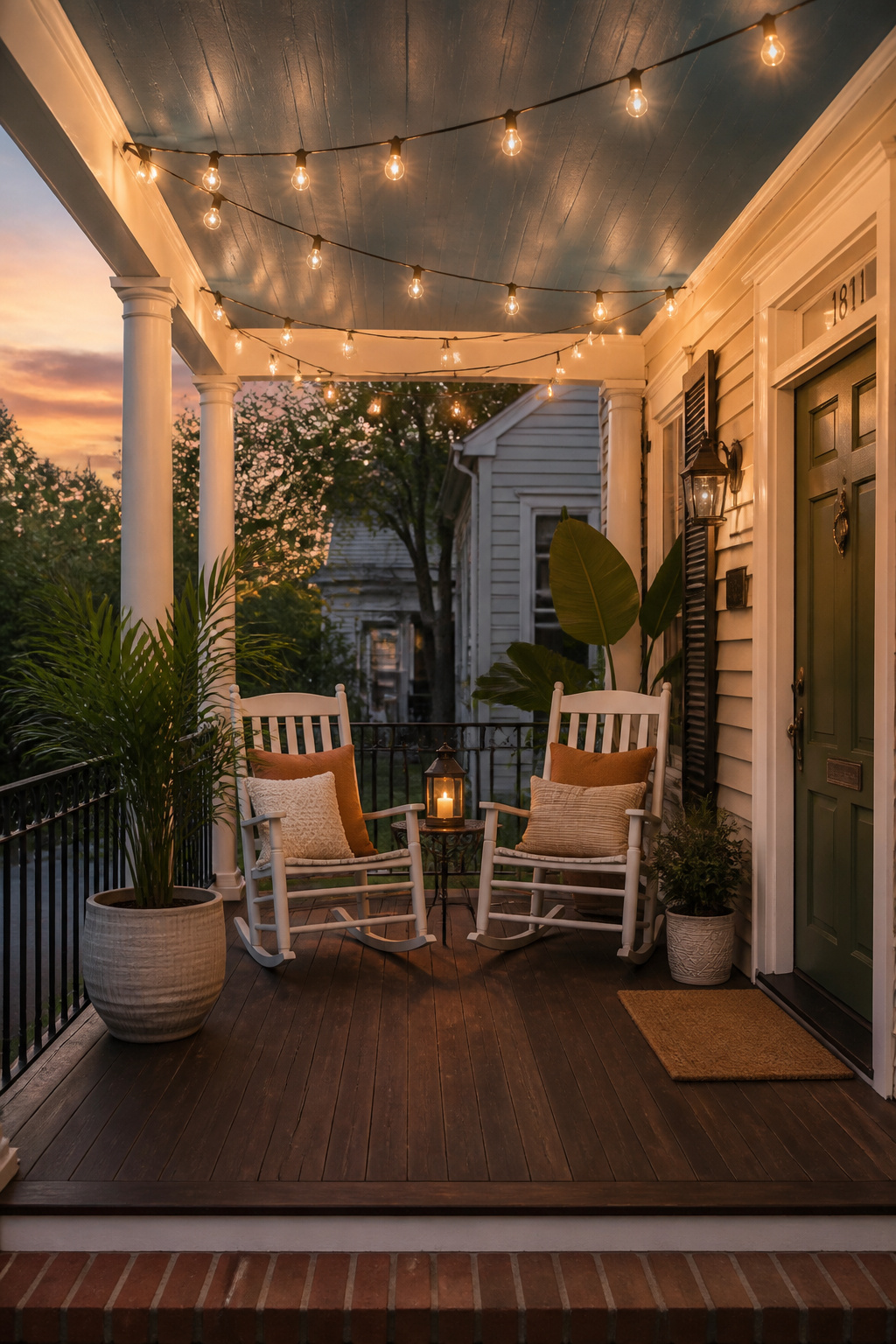 Edison string lights at 2700K fill the porch with the kind of warm glow that makes evenings feel like a genuine occasion rather than just the end of the day.