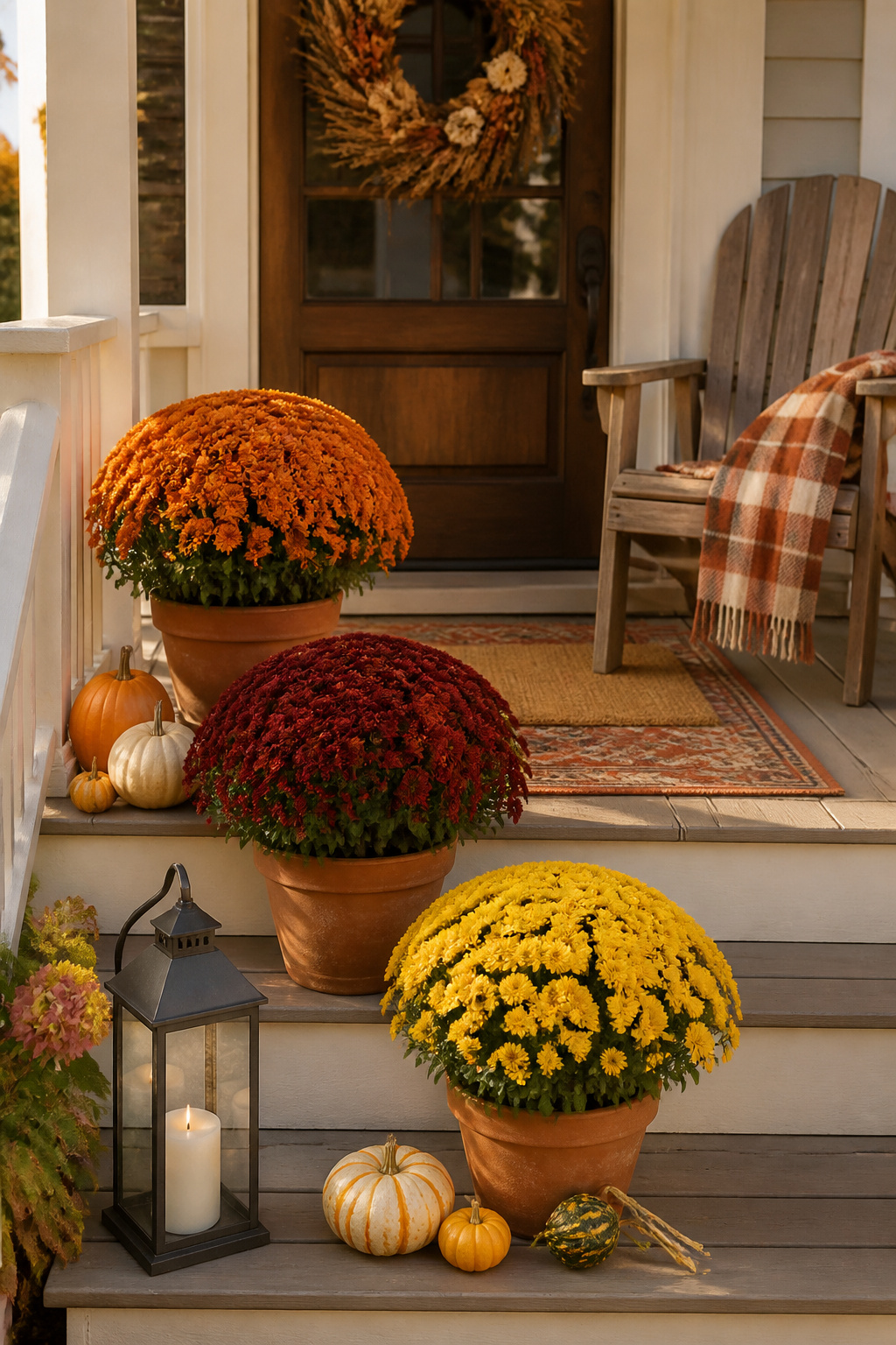 The classic fall porch — terracotta mums, layered pumpkins, plaid throw — works because every element reinforces the same warm color story.