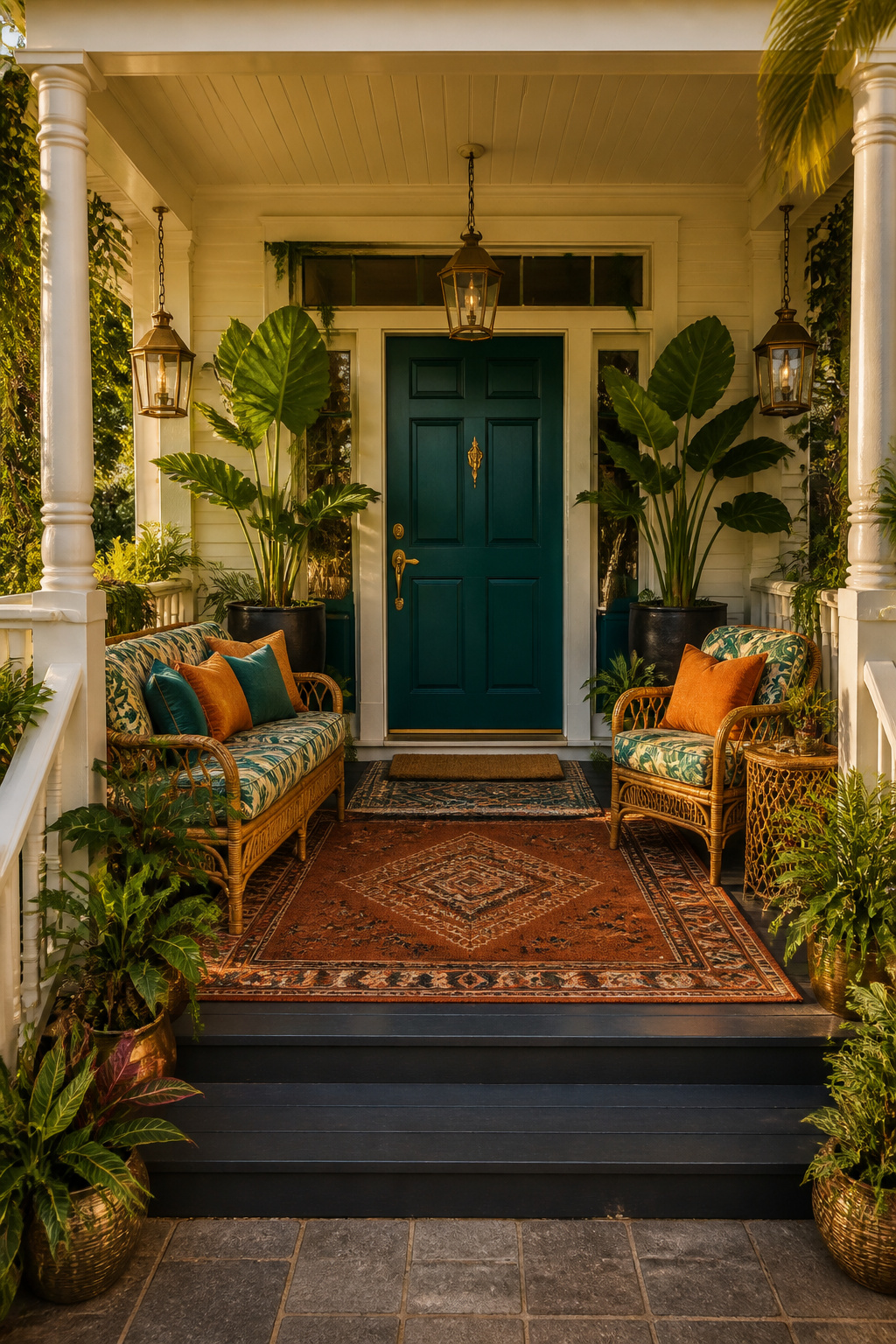 The tropical maximalist setup — rattan furniture, jewel-tone Sunbrella pillows, large-leaf elephant ears in dark planters — comes together around one consistent color story of teal, terracotta, and gold.