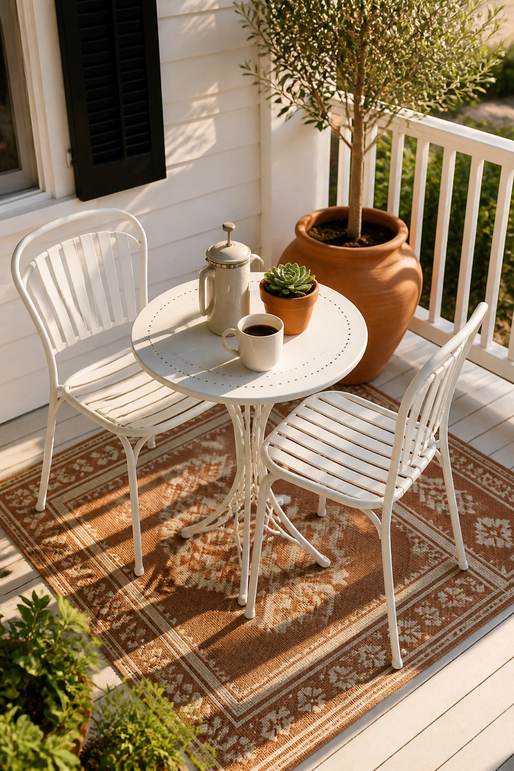 A two-person cast aluminum bistro set transforms a corner of the front porch into a morning coffee ritual — a daily reason to actually use the space.