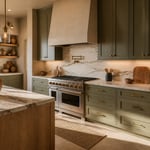 A 2026 kitchen built around the season's most compelling design trends — earth tones, natural stone, handcrafted hardware, and a sculptural range hood that anchors the entire room.