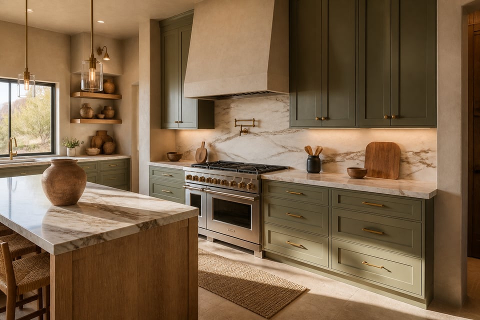 A 2026 kitchen built around the season's most compelling design trends — earth tones, natural stone, handcrafted hardware, and a sculptural range hood that anchors the entire room.