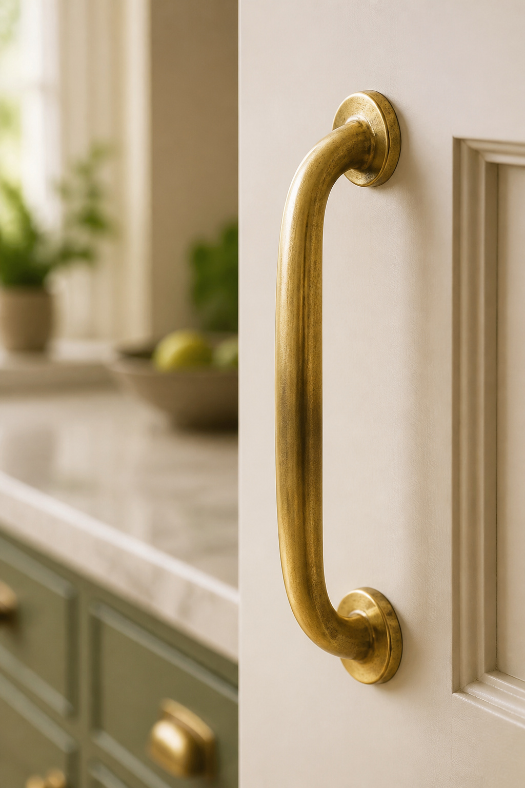 Unlacquered brass hardware develops a living patina over months and years of use — each pull and knob aging differently based on how it's touched. It's one of the kitchen design trends that genuinely improves over time.