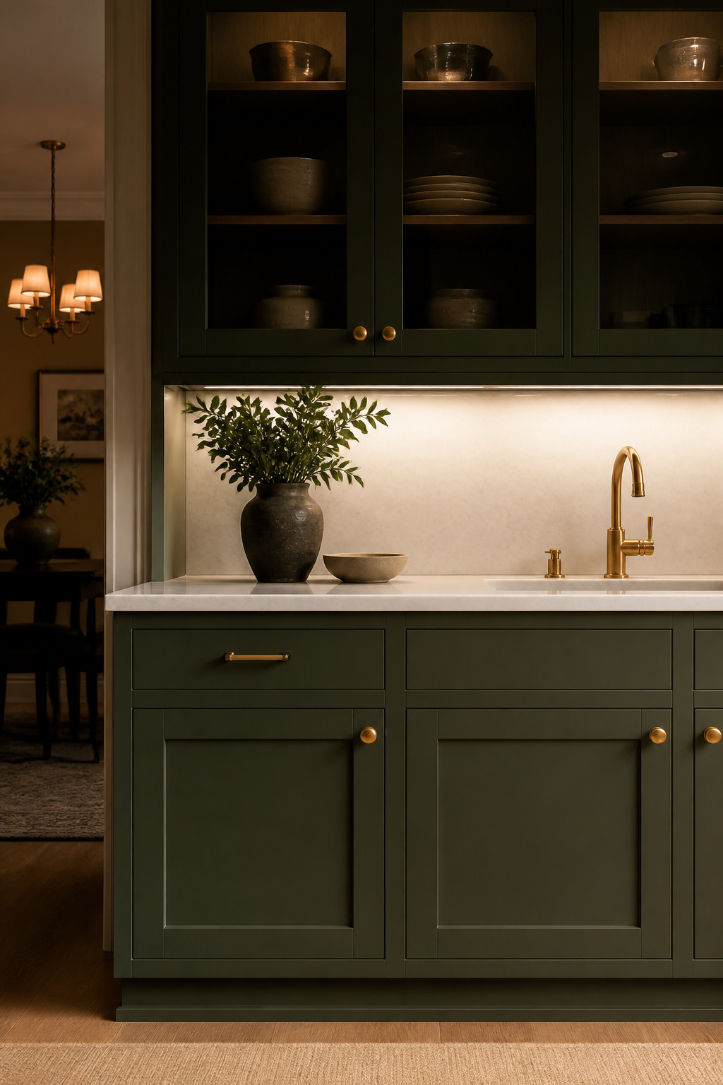 Forest green cabinetry with brass hardware and a polished stone countertop shows how dark kitchens should be executed in 2026 — moody but not oppressive.
