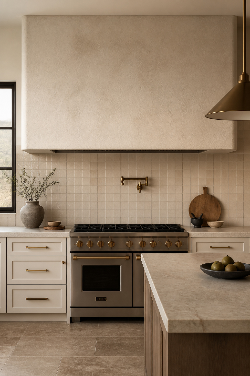 A Venetian plaster range hood transforms the cooking wall into a sculptural focal point. This is one of the kitchen design trends that changes a room's entire architectural register.