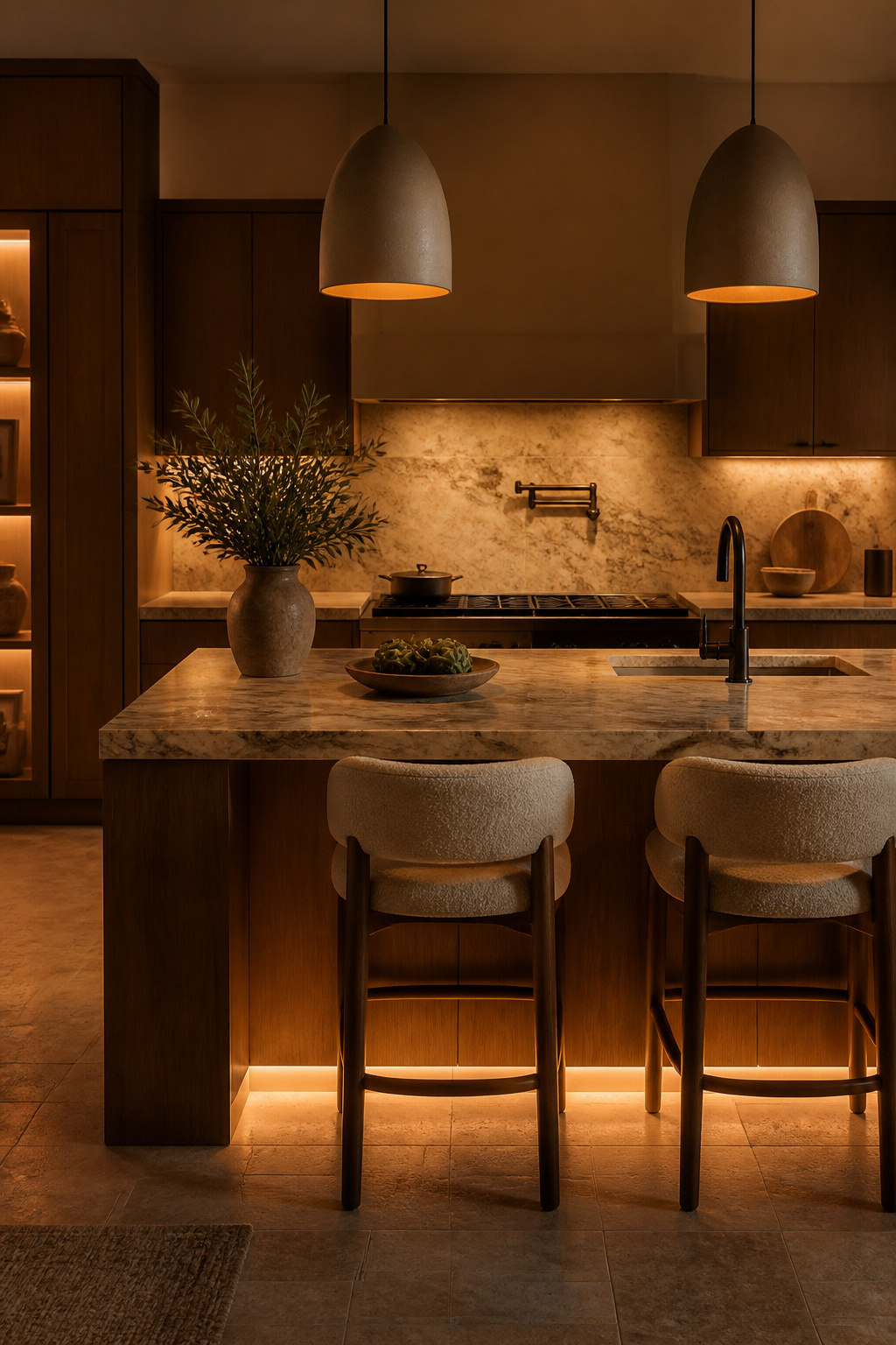 Three-layer kitchen lighting — ambient, task, and accent — is one of the kitchen design trends that transforms a room's quality most dramatically. The island here shows all three working in concert.