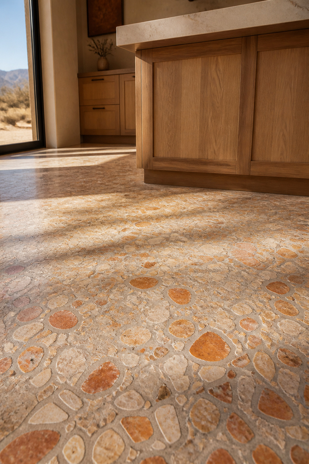 Large-chip terrazzo in sun-warmed terracotta and cream tones is one of the kitchen design trends with the most longevity. The updated palette has nothing to do with the cool grey terrazzo that dominated the first revival wave.