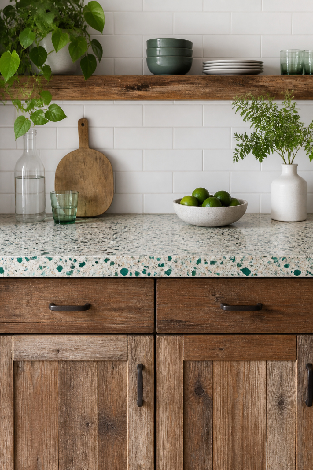 Recycled glass countertops and reclaimed wood cabinetry show that sustainable kitchen design trends don't require aesthetic sacrifice. Vetrazzo's materials are 85% post-consumer recycled glass, handmade in Georgia.