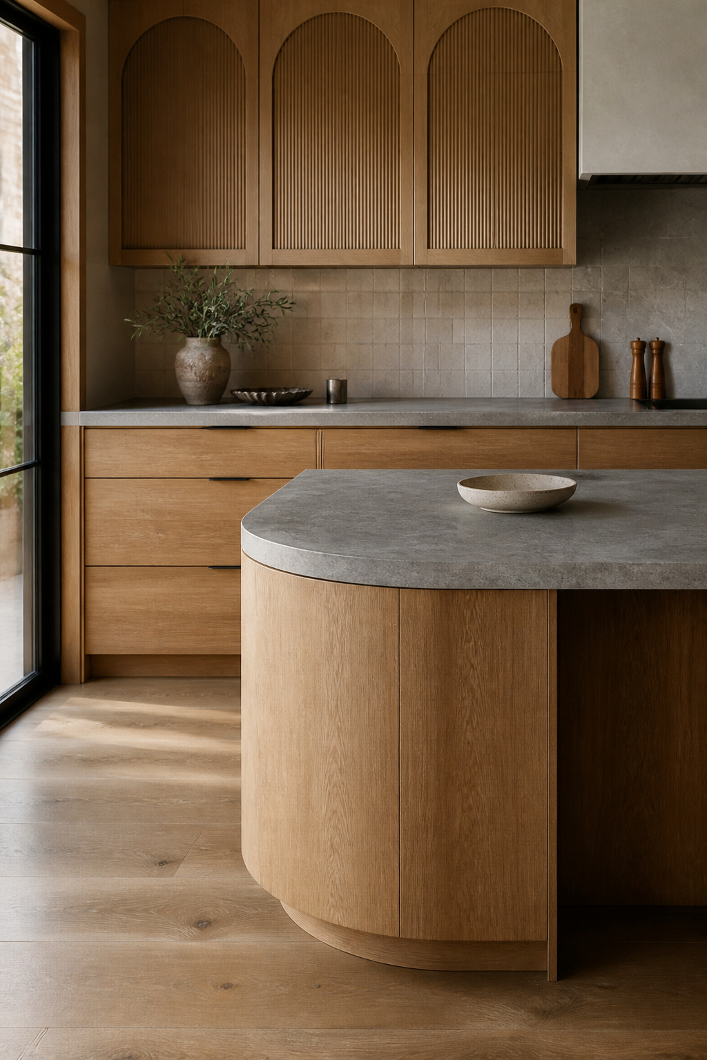 A curved island end softens the kitchen's focal point while the straight countertop edge above creates a considered counterpoint. Curved cabinetry is one of the kitchen design trends most consistently praised for making a room feel more human.
