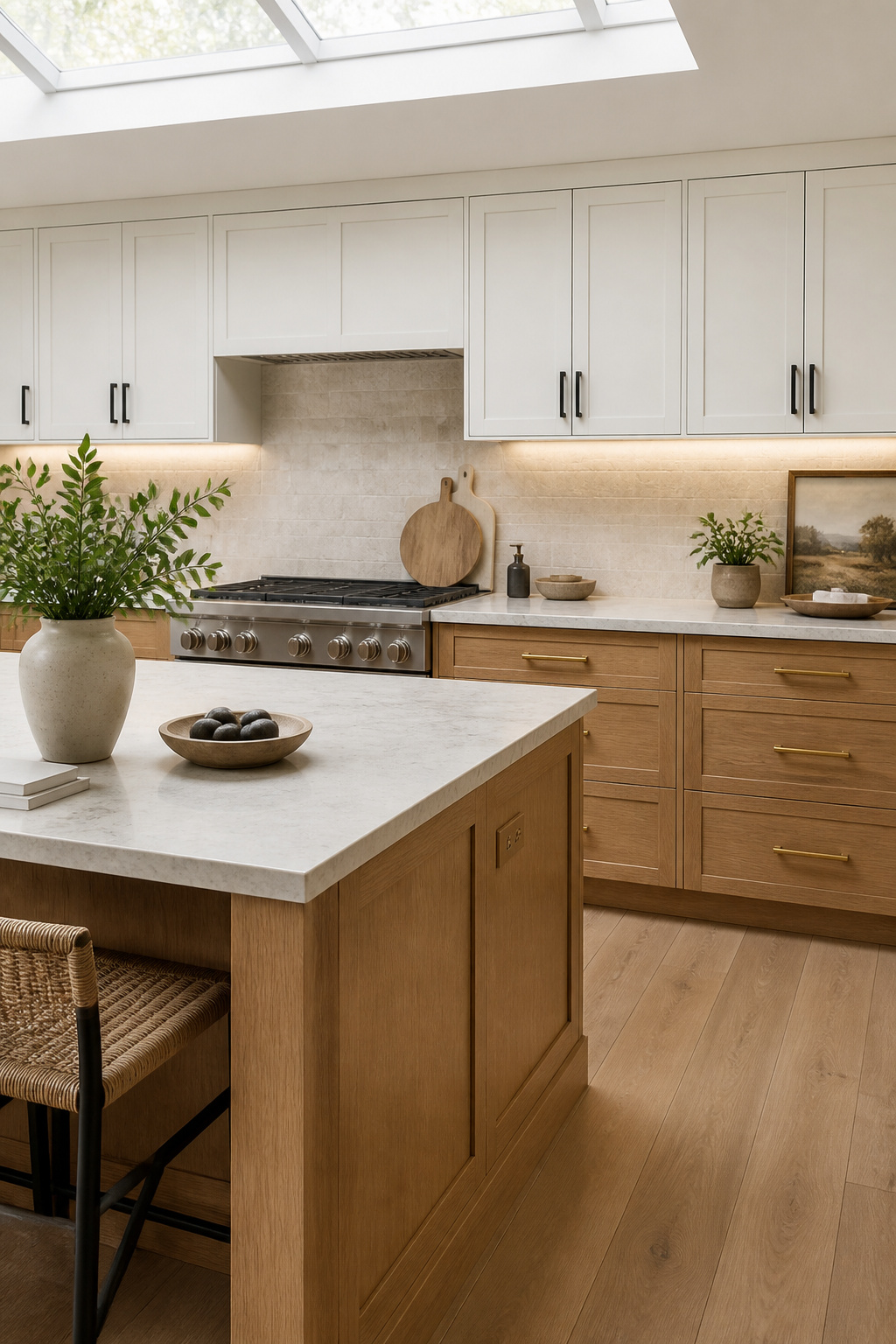 White oak lower cabinets against painted white uppers is now the plurality choice in kitchen design — warm where it grounds the room, bright where it needs to stay light.