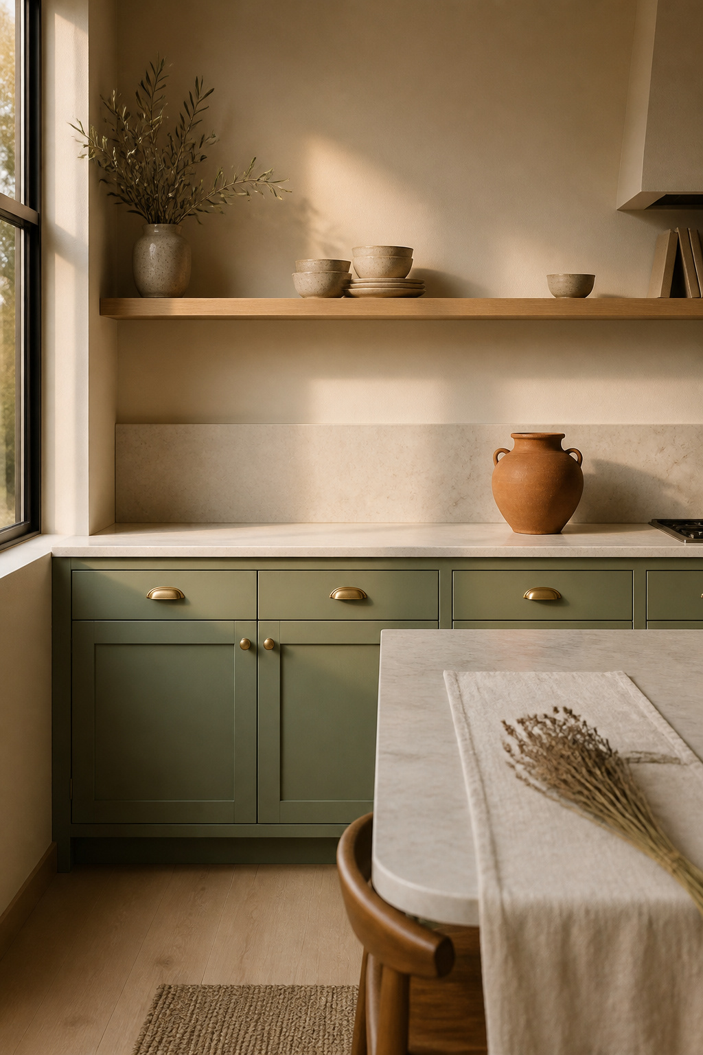 Sage green cabinetry with unlacquered brass hardware creates a grounded, earthy kitchen that still feels completely fresh in 2026. The terracotta accent reinforces the warm-palette shift driving this season's cabinet colour choices.
