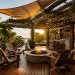 A complete tropical contemporary patio combining ipe hardwood decking, a jasmine-draped cedar pergola, stone firepit circle, and lush vertical plant walls — the aspirational outdoor room done right.