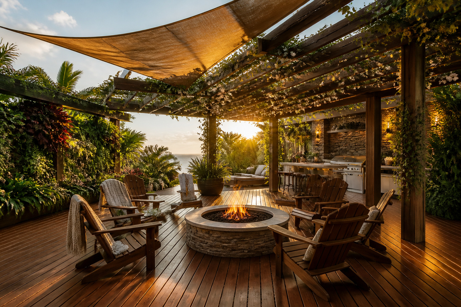 A complete tropical contemporary patio combining ipe hardwood decking, a jasmine-draped cedar pergola, stone firepit circle, and lush vertical plant walls — the aspirational outdoor room done right.