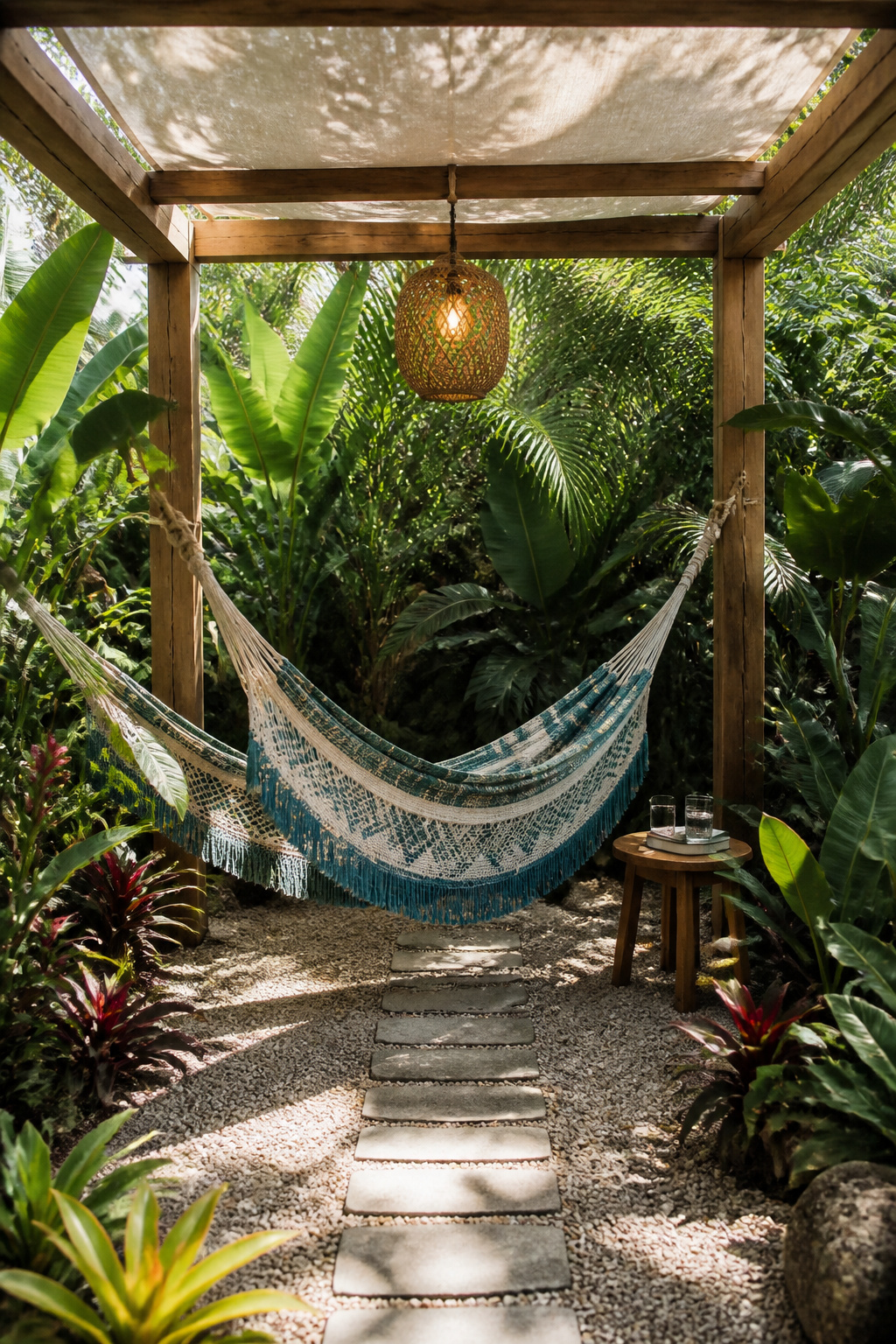 A Mayan-weave nylon hammock in teal and cream hangs between cedar pergola posts, enclosed by banana leaf and bromeliad plantings — the tropical relaxation corner that makes a patio genuinely multi-functional.