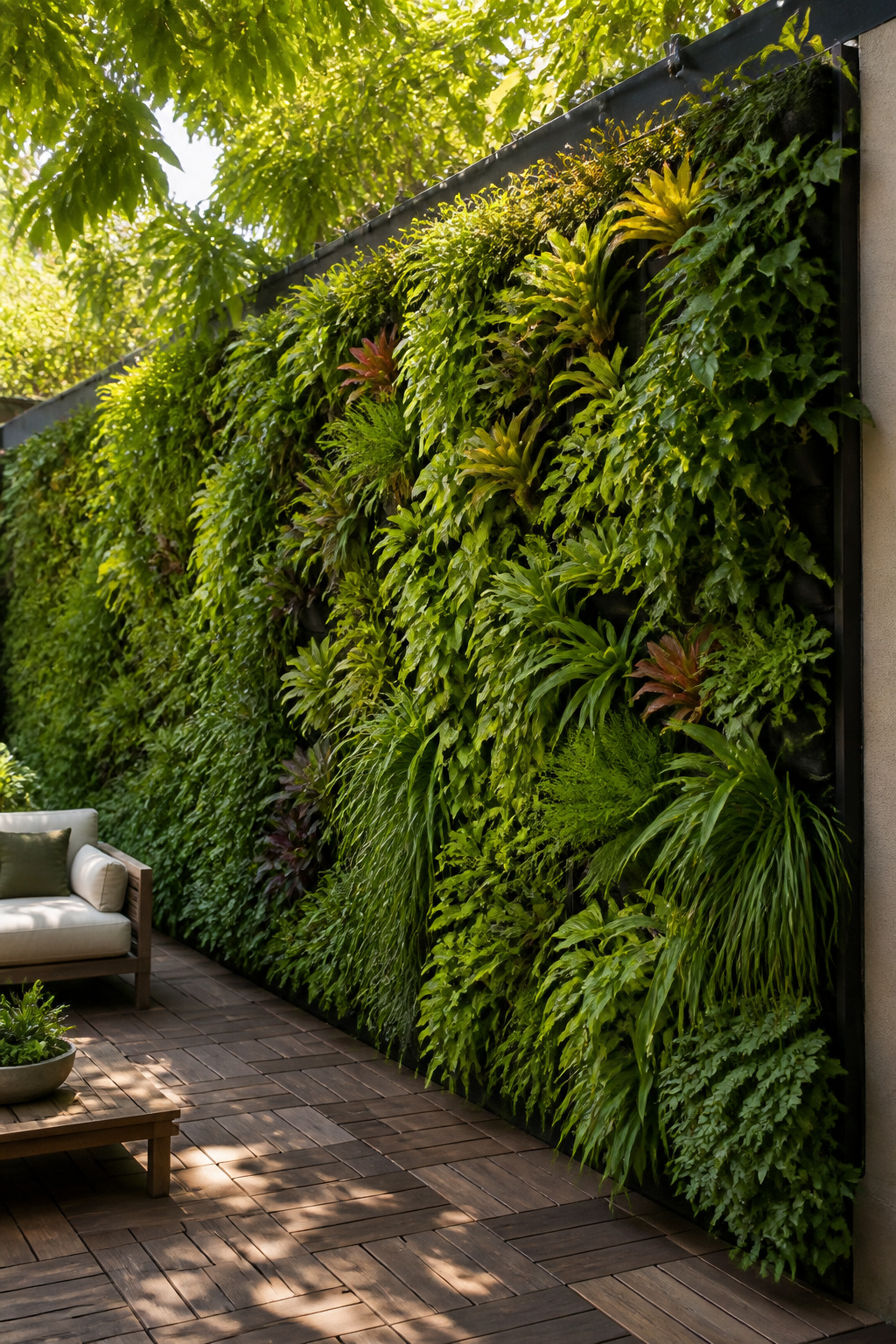 A lush modular vertical plant wall of bromeliads, ferns, and trailing pothos transforms a bare patio boundary into a living biophilic feature, with ipe decking and soft morning light completing the tropical contemporary scene.
