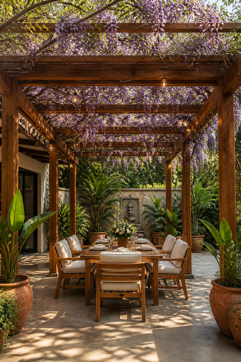A cedar pergola draped with wisteria frames a six-person teak dining table with linen cushions, Edison string lights threading through the beams above — the quintessential outdoor dining experience.