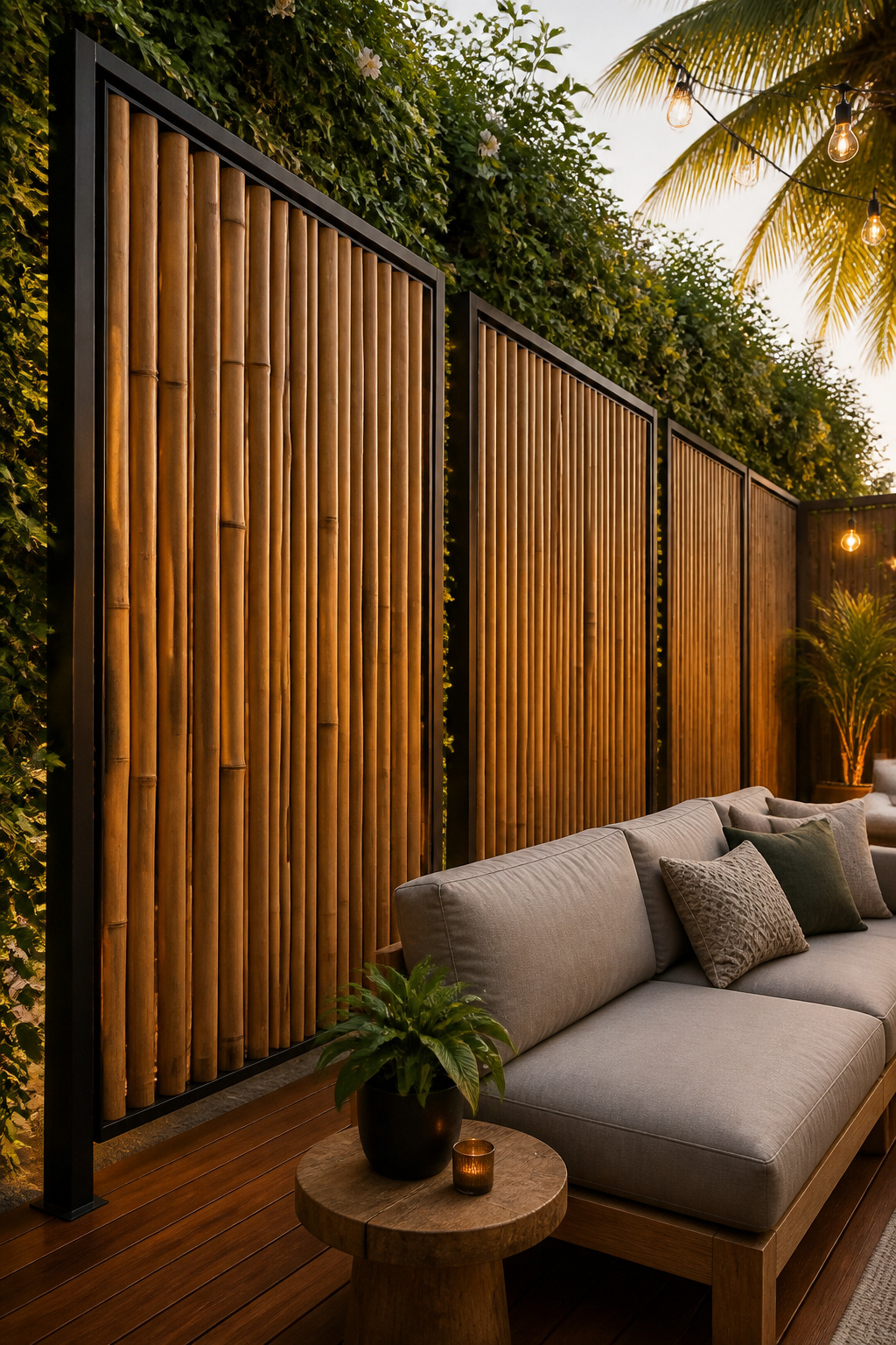 A full-height MOSO bundled bamboo privacy screen with jasmine climbing behind creates layered depth and natural warmth on a tropical patio, with ipe decking and soft ambient lighting completing the space.