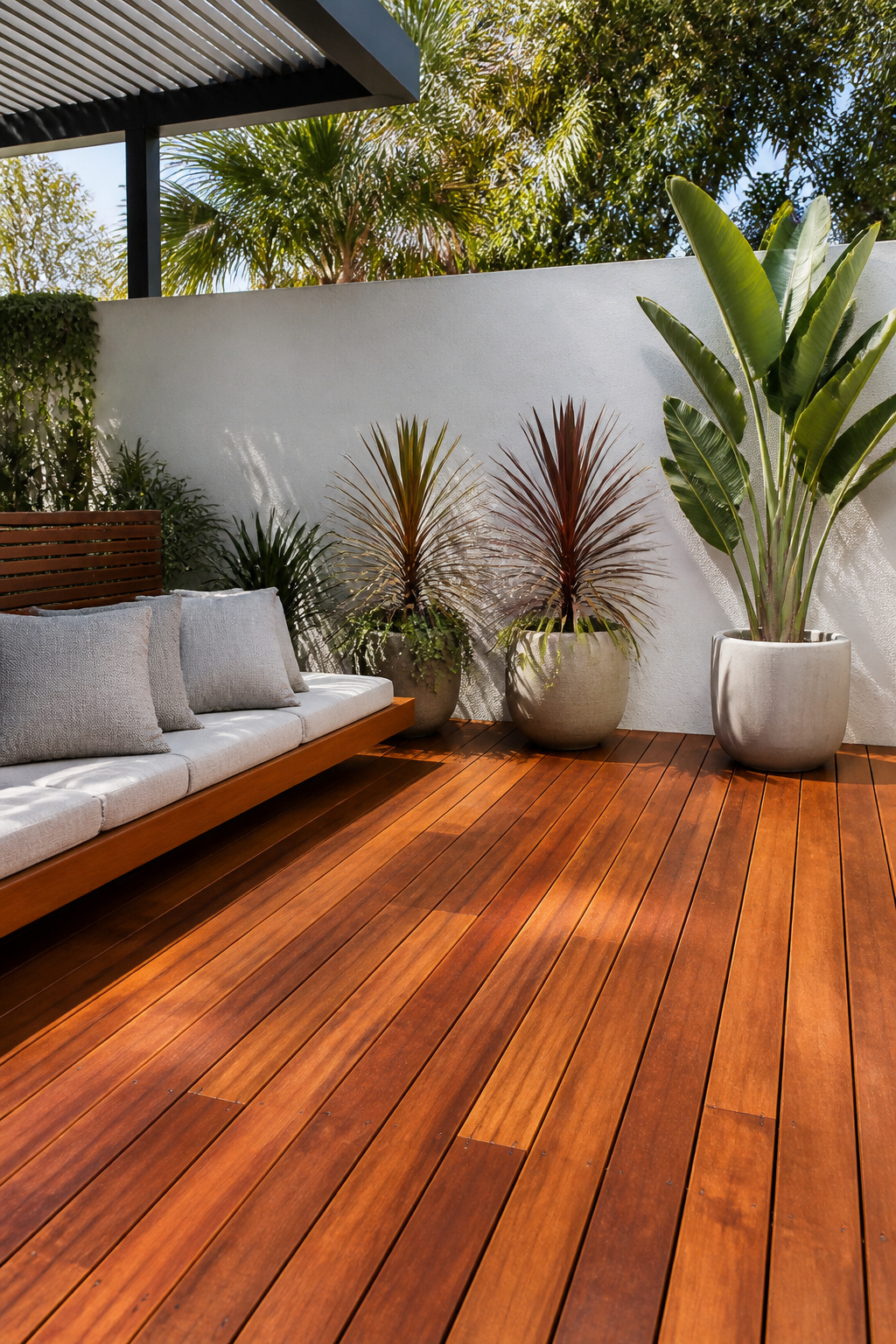 Rich ipe hardwood deck boards with hidden fastener spacing form the foundation of a tropical contemporary patio, framed by cordyline planters and an aluminium pergola under mid-morning sun.