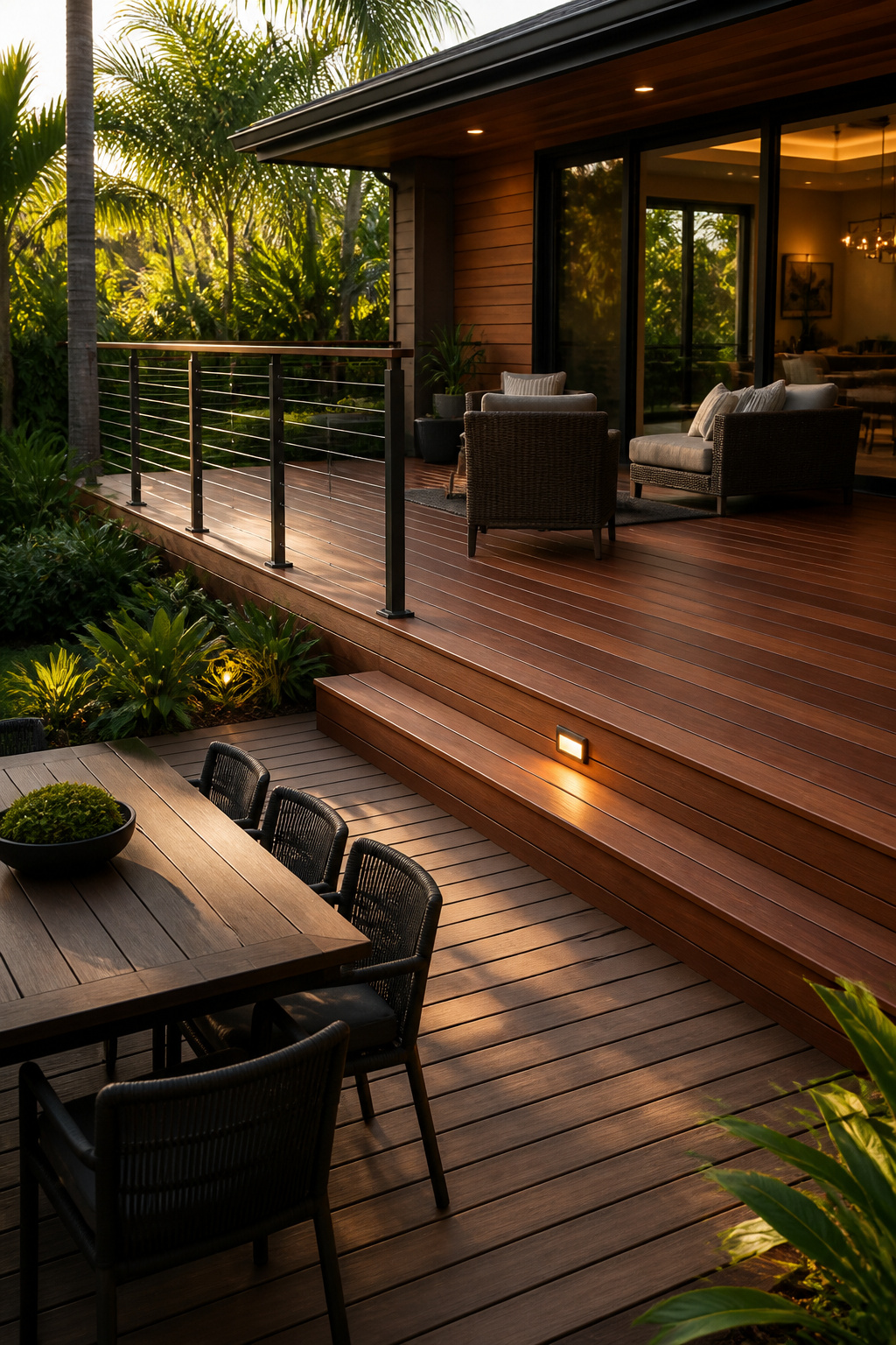 A two-level deck with ipe hardwood above and composite decking below creates distinct lounge and dining zones separated by a clean cable-railed step, bathed in warm late-afternoon tropical light.