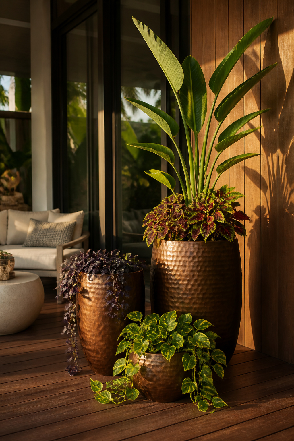Three fibreglass containers in staggered heights — featuring bird of paradise thriller, coleus filler, and purple sweet potato vine spiller — create a dramatic tropical contemporary tower grouping at a patio corner.
