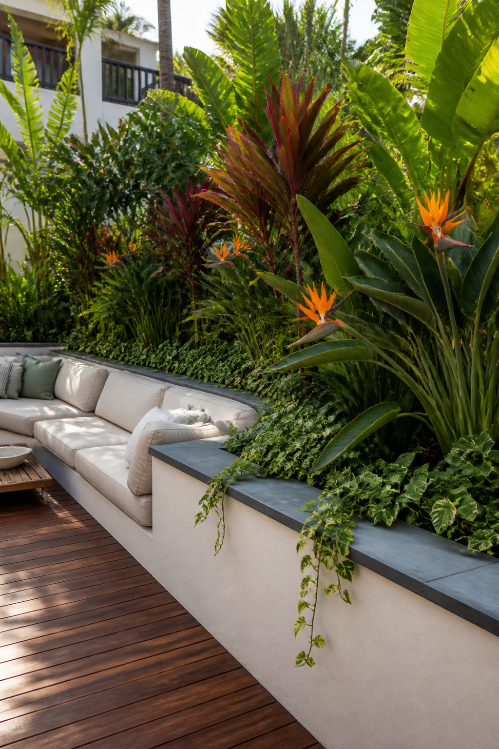 A rendered concrete built-in planter border with bluestone coping, bird of paradise, and trailing pothos defines the edge of a tropical contemporary patio, doubling as informal seating backing.