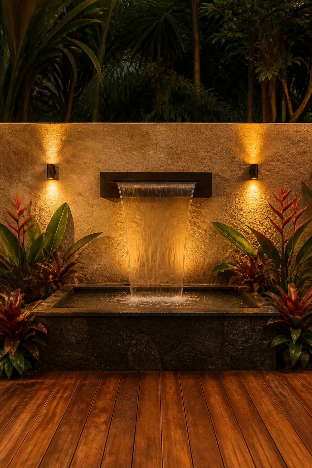 A bronze scupper wall fountain arcs into a dark basalt reservoir on a tropical patio, surrounded by heliconia and bromeliads — the meditative water feature that transforms outdoor acoustics and atmosphere.
