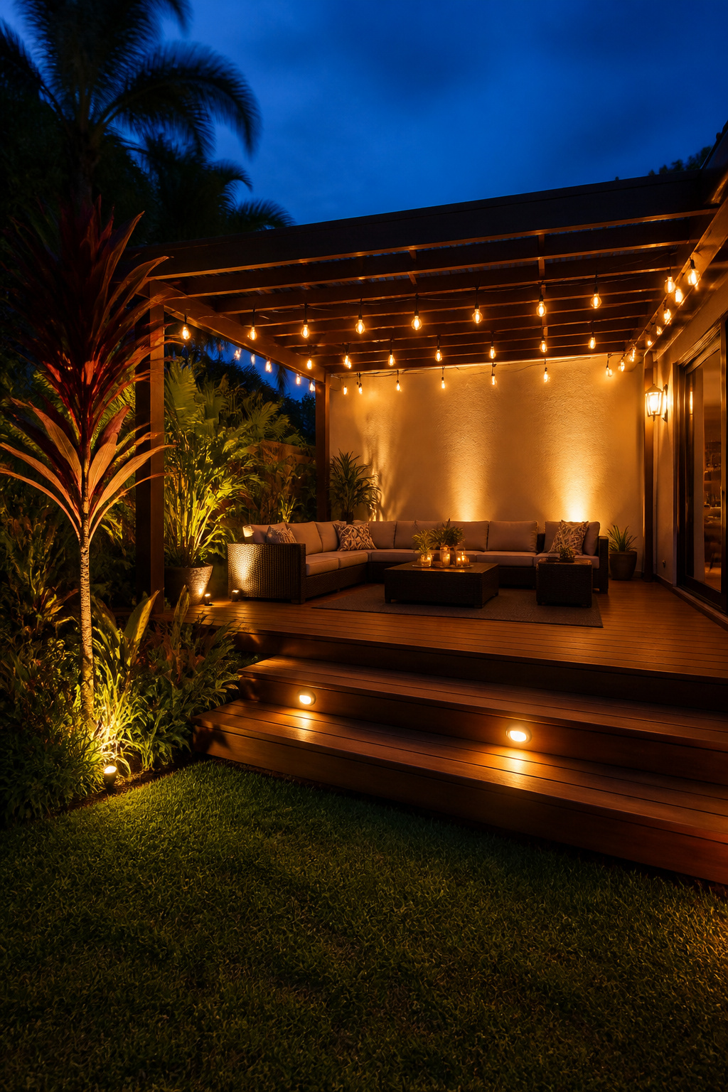 Three layers of outdoor lighting — warm Edison string lights, in-ground cordyline uplights, and amber step lights — work together to create the complete tropical contemporary patio experience after dark.