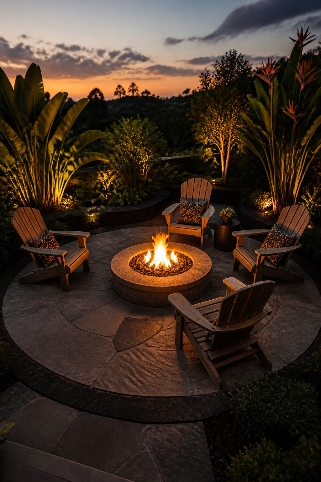 A circular bluestone firepit with burning flames and weathered teak Adirondack chairs creates an intimate social anchor on a tropical contemporary patio at dusk, framed by bird of paradise plantings.