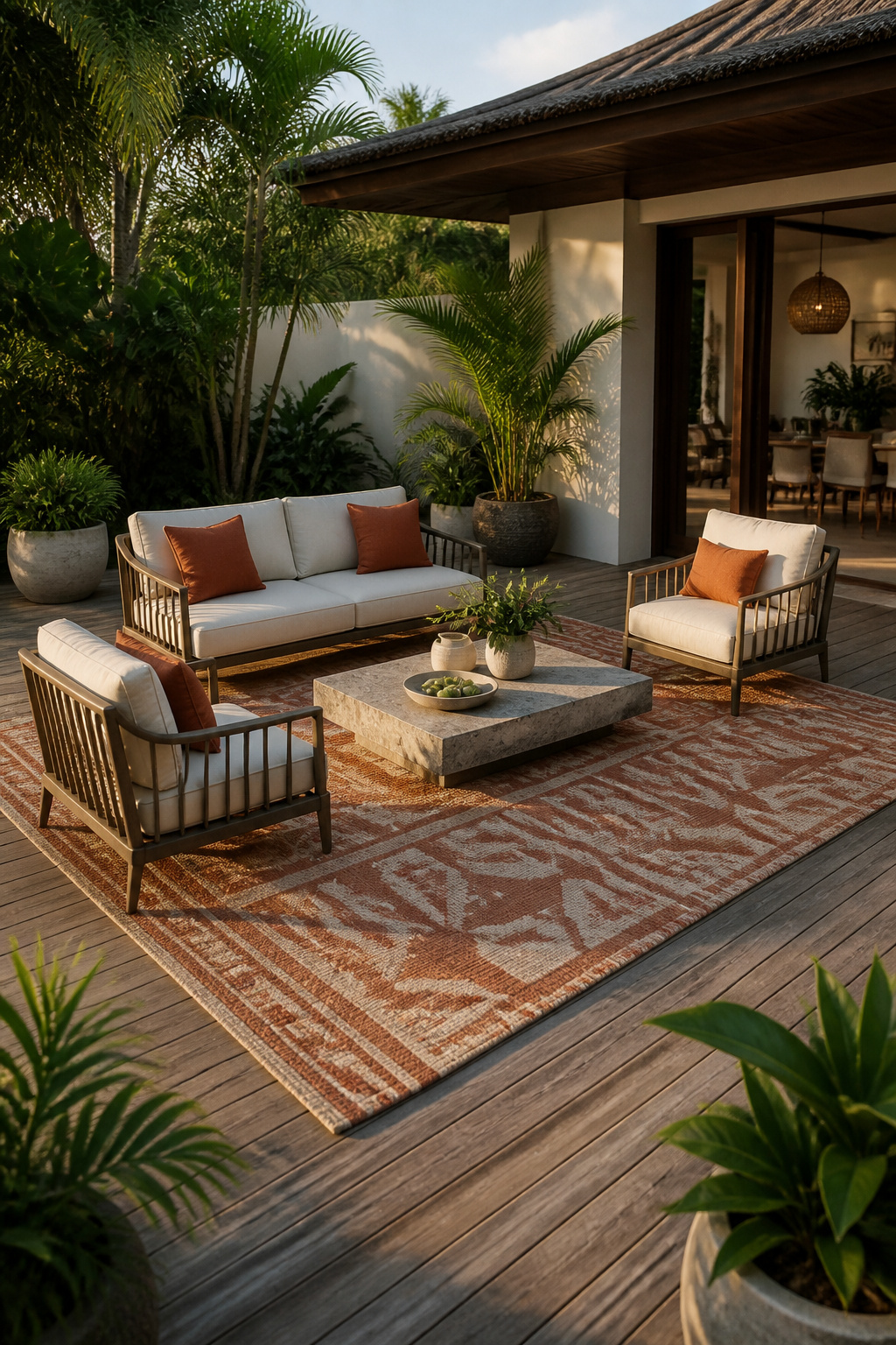 A terracotta and cream polypropylene outdoor rug anchors a tropical contemporary lounge zone, with solution-dyed acrylic cushioned seating and a low concrete coffee table — all legs on the rug as they should be.