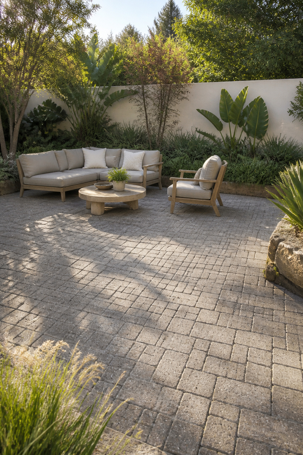 A permeable interlocking concrete paver patio with visible aggregate joints offers sustainable stormwater management with a refined warm-grey texture, surrounded by drought-tolerant tropical plantings.