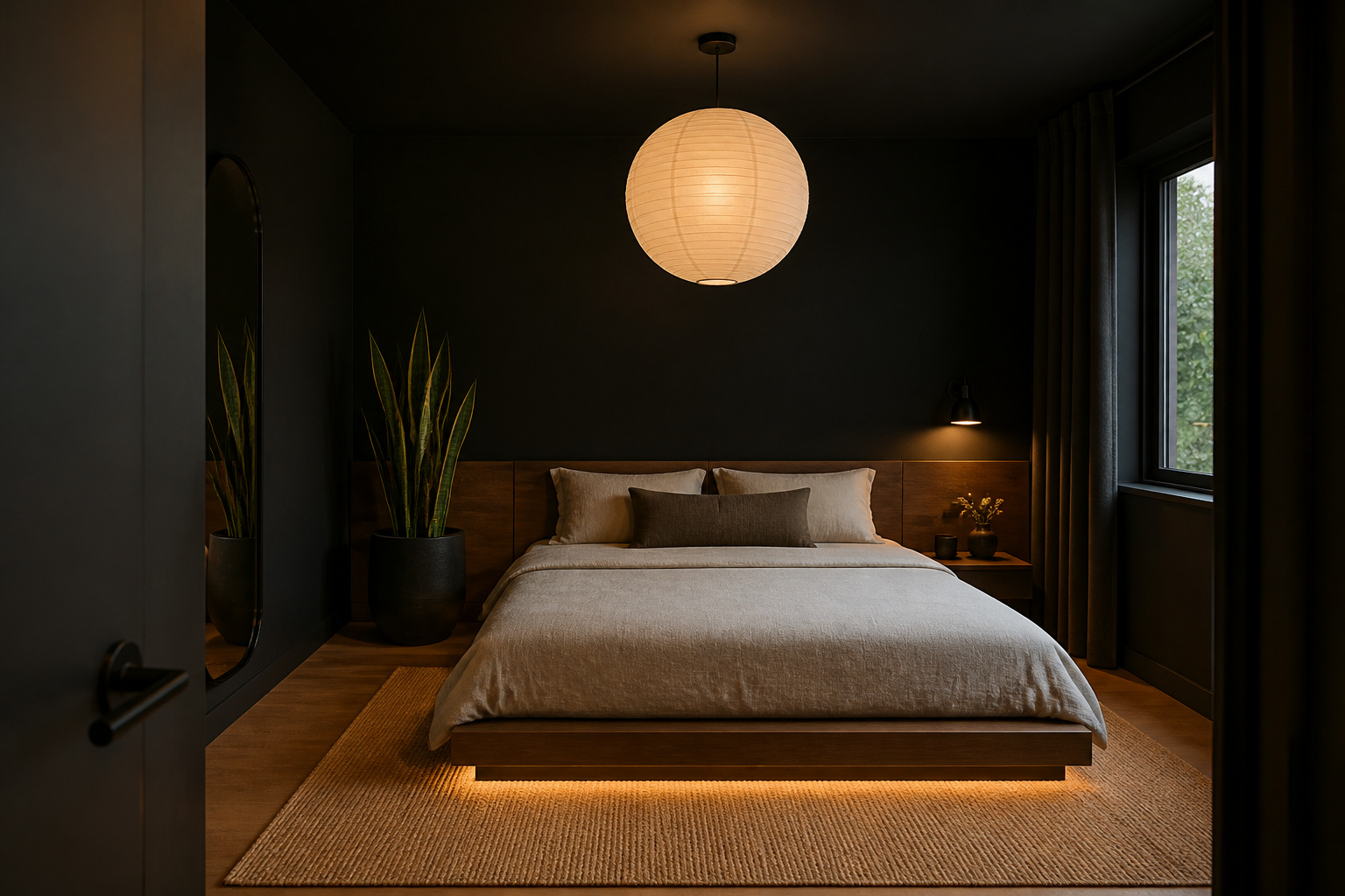 The complete black bedroom as sanctuary — matte accent wall, low walnut platform bed, warm pendant lighting, and organic accents that prevent the dark palette from reading as anything other than intentional.