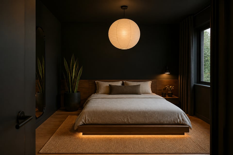 The complete black bedroom as sanctuary — matte accent wall, low walnut platform bed, warm pendant lighting, and organic accents that prevent the dark palette from reading as anything other than intentional.