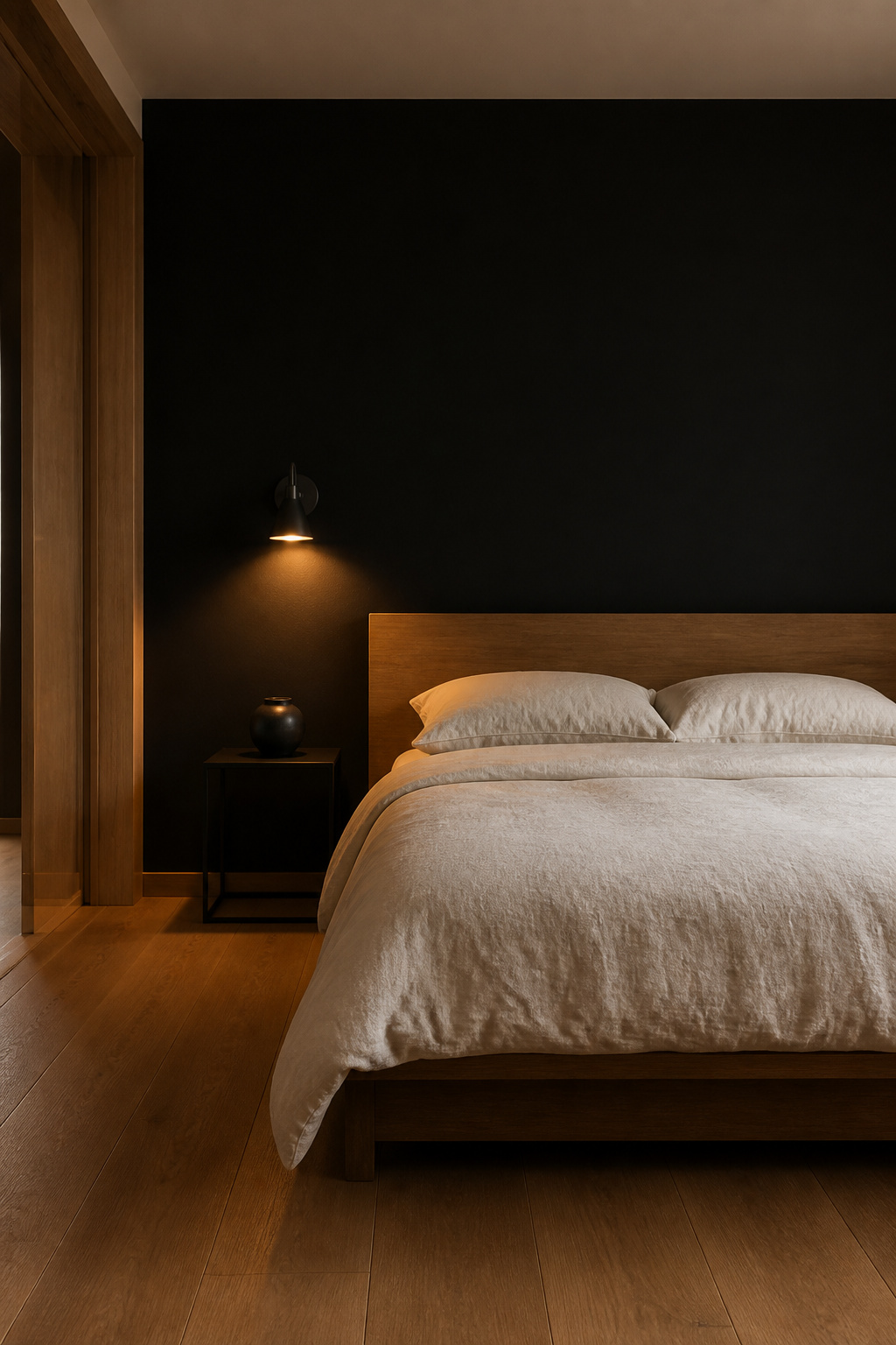 A dead-flat matte black accent wall absorbs light and quiets visual noise — the single most impactful change in a black bedroom, achieved with one coat of the right paint.
