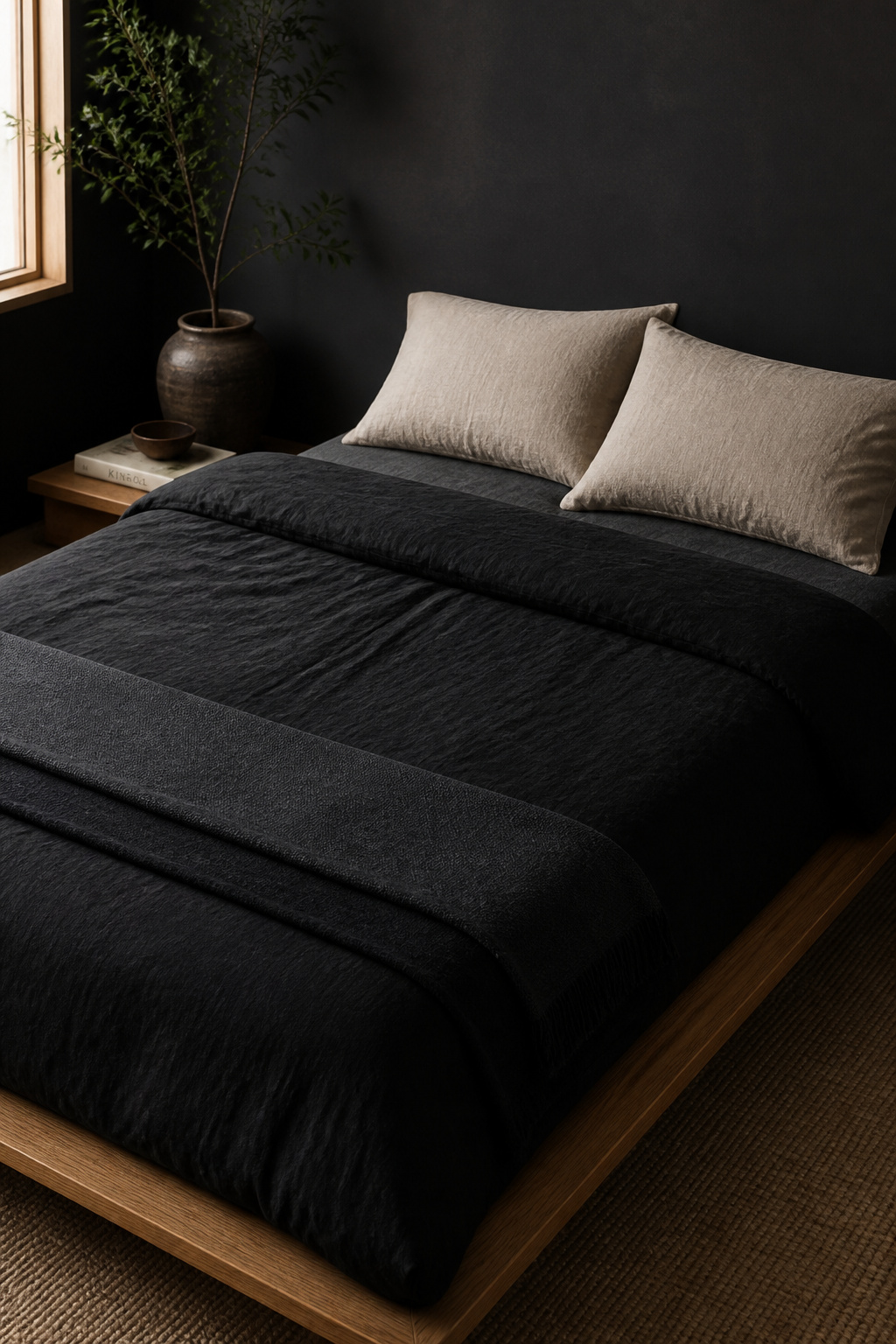 Stonewashed black linen in three tonal layers — black, charcoal, and slate — creates depth and texture without introducing new colours, the defining wabi-sabi bedding approach.