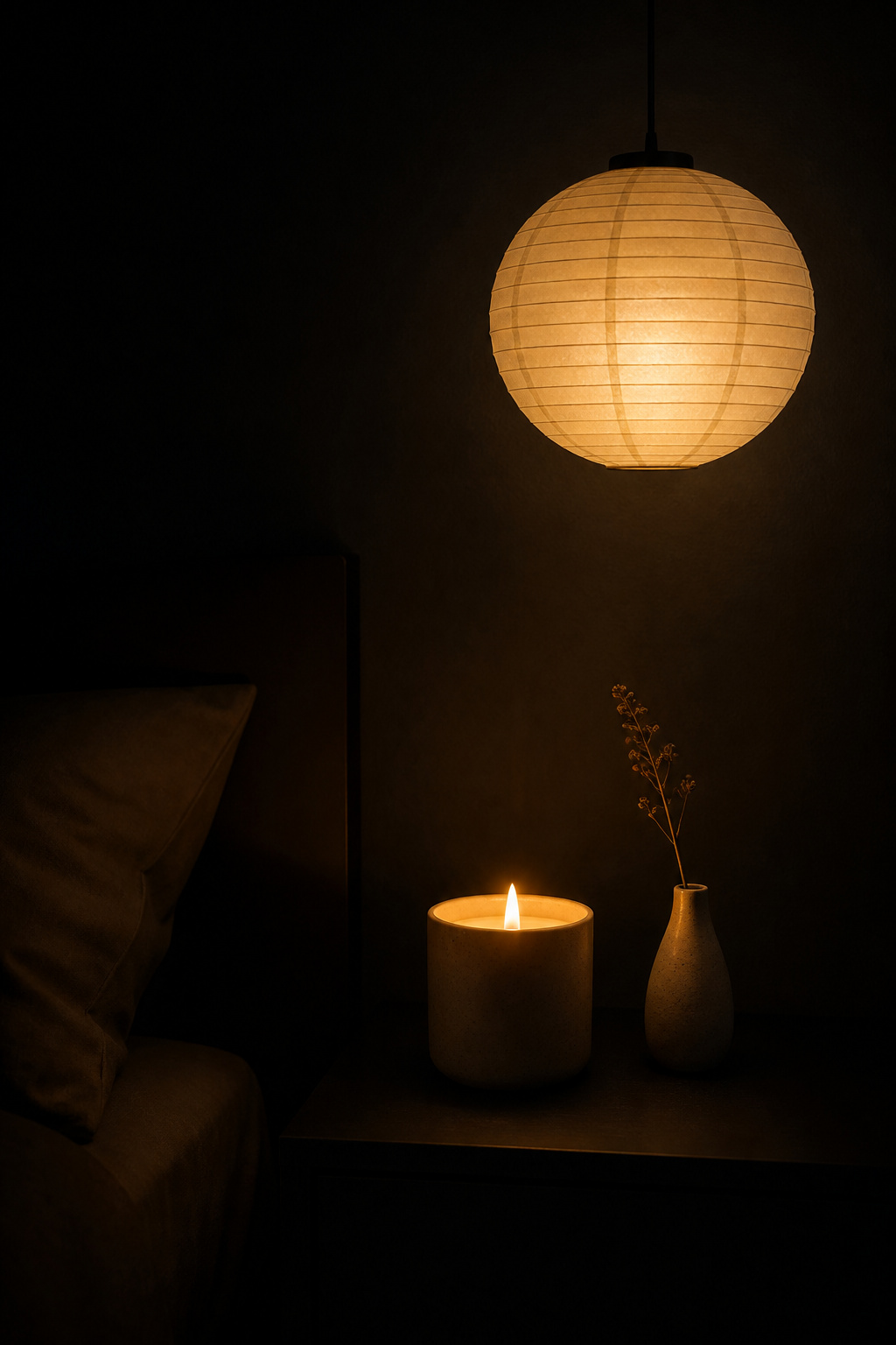 Candlelight at 1800K and a washi paper pendant at 2700K are the warmest possible light sources in a dark bedroom — their limited radius creates intimacy rather than trying to fill the room.
