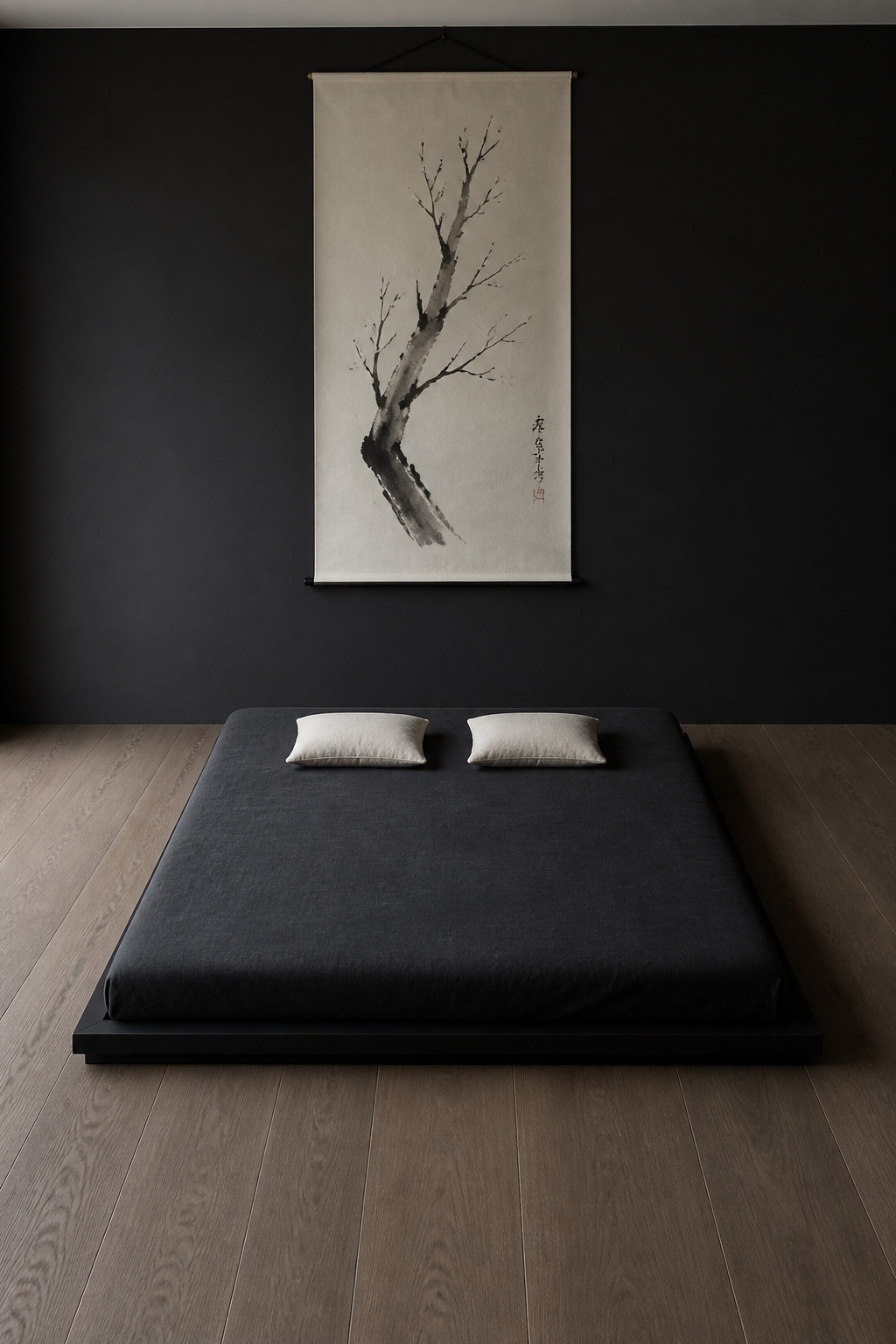 A platform bed at thirty centimetres from the floor lowers the room's visual centre of gravity, creating the grounded serenity central to Japanese-influenced bedroom design.