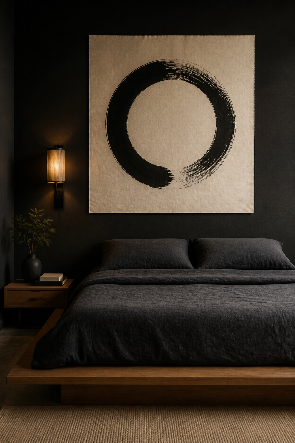 A single sumi-e enso circle above the bed uses the Japanese tradition of negative space as active element — one imperfect brushstroke holding more presence than a gallery wall of many prints.