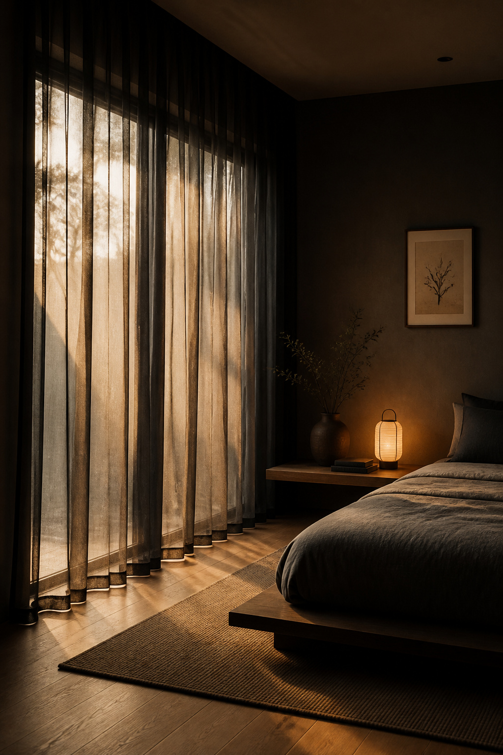 Sheer black curtains diffuse rather than block daylight — converting harsh direct light into a warm, dusk-like glow that defines the room's atmosphere from morning to evening.
