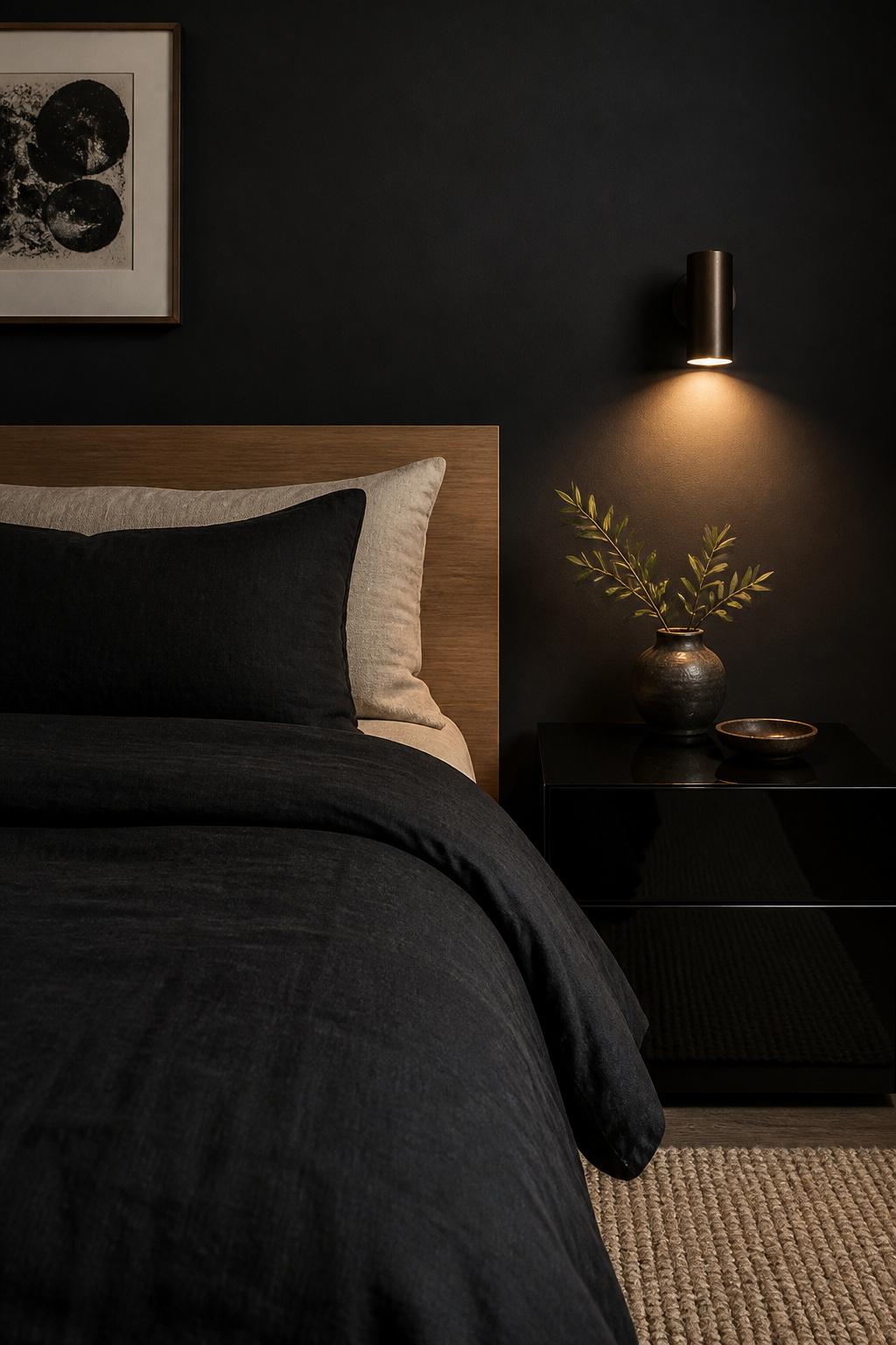 Matte wall, gloss lacquer nightstand, and textured linen duvet — three finishes of the same black hue create more visual richness than three different colours would.