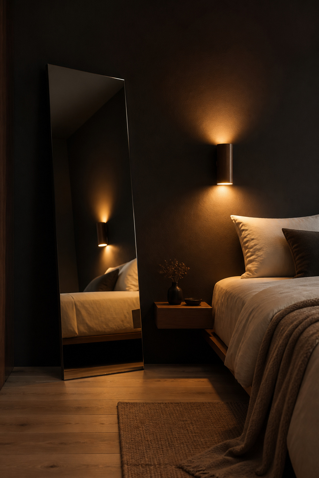 A frameless mirror positioned to reflect the bedside light source rather than the bed doubles the warm glow without adding a single fixture — the paradox of mirrors in dark rooms.