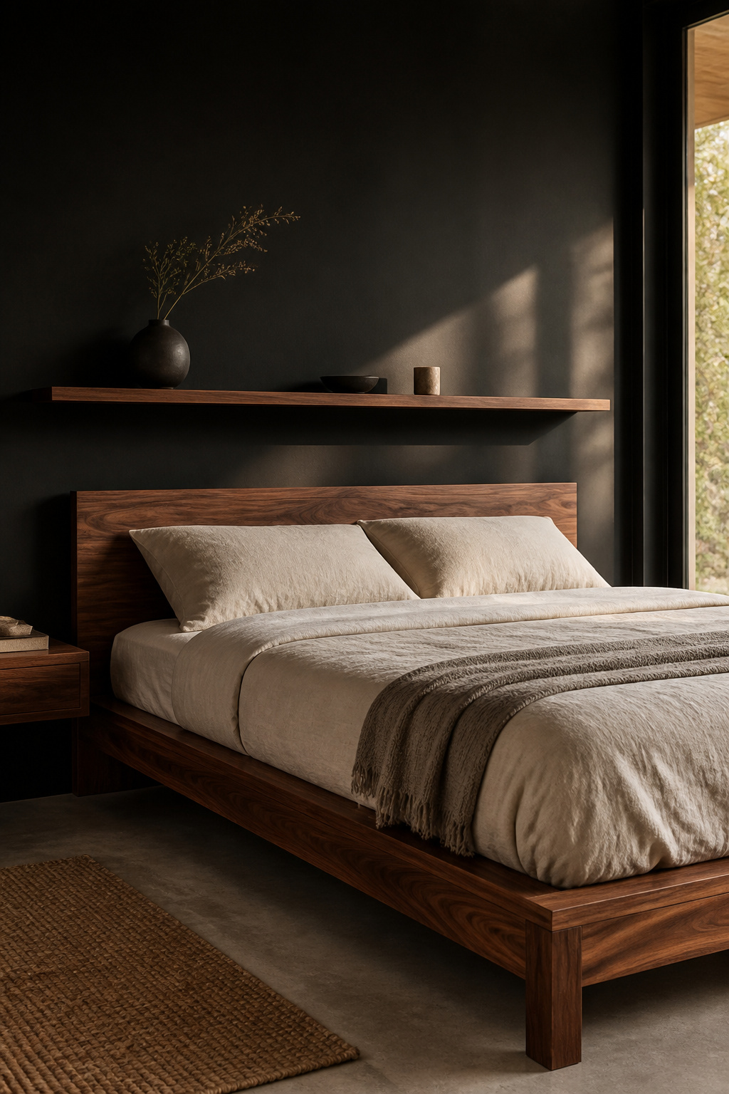 Walnut's chocolate-to-caramel grain is the essential counterweight to a black accent wall — the organic warmth that prevents the space from reading as a colour exercise.