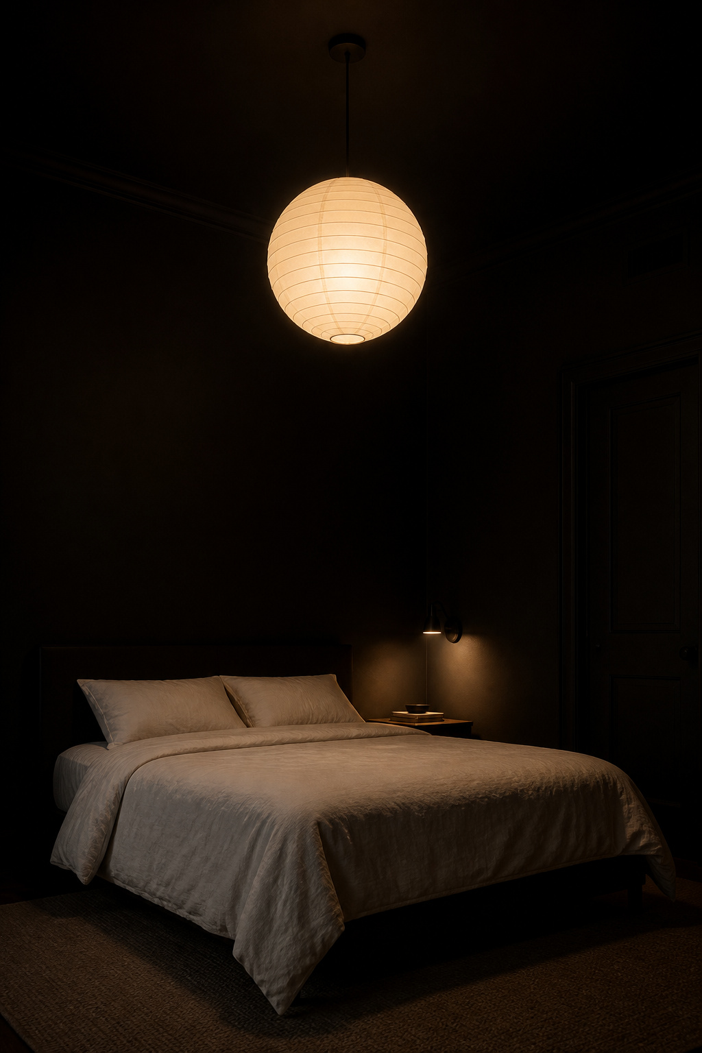 A black ceiling completes the bedroom envelope — the room becomes a volume rather than a box, and pendant lights appear to float against it like warm stars.