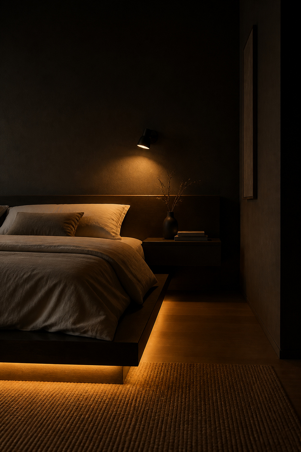 Warm light at 2700K is non-negotiable in a dark bedroom — here a pivoting bedside sconce and under-bed LED strip create three-dimensional depth without a single overhead fixture.