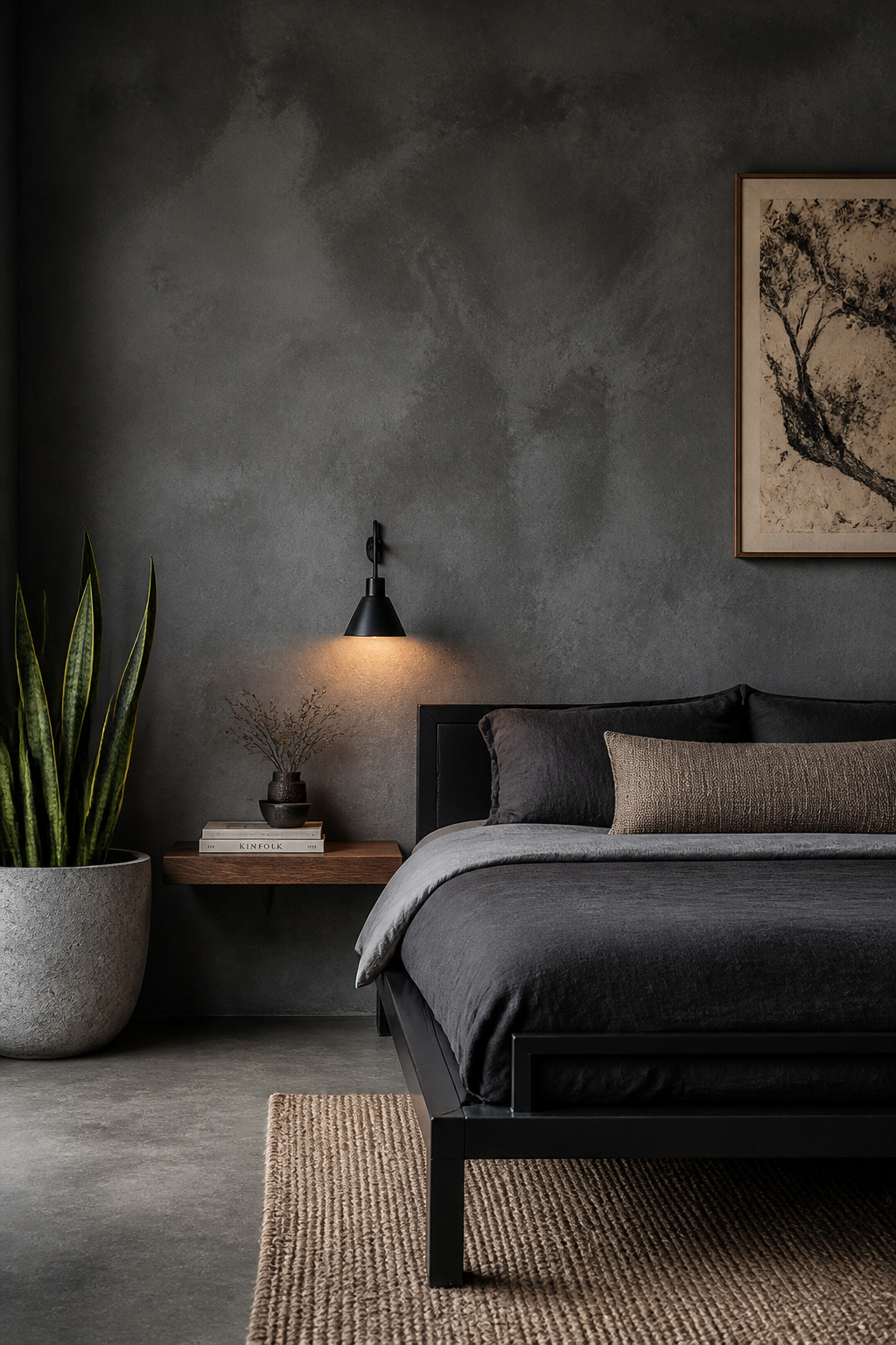 Microcement wall against a steel-frame bed against a walnut shelf — the urban-zen bedroom uses material honesty as its design language, each surface showing how it was made.