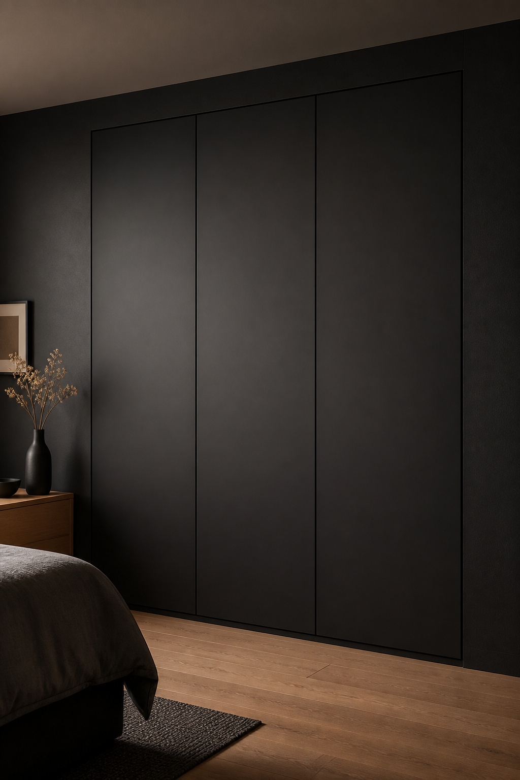 A floor-to-ceiling matte black lacquer wardrobe with push-to-open flush panels becomes invisible against a black wall — storage as architecture rather than furniture.